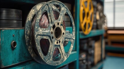 Obraz premium Vintage Film Reel on Old Wooden Shelf with Colorful Film Stocks