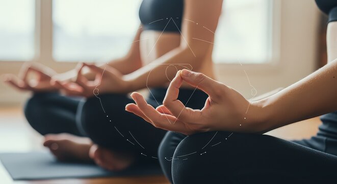 Close up of hands in meditation pose during yoga class