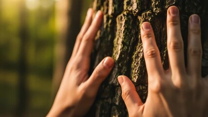 Human Connection with Nature: Hands Gently Touching and Exploring Tree Bark Texture