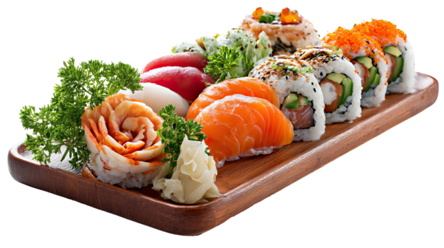 Sushi roll platter with carved vegetables Japanese seafood on transparent background
