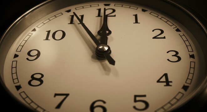Close up of a vintage clock face showing almost midnight