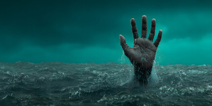 Desperate Reach: A lone hand emerges from turbulent waters, a stark symbol of vulnerability and a desperate plea for rescue amid a raging storm, invoking themes of survival and crisis.