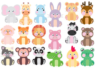 Large set of flat vector illustrations in children's style. Wild animals of safari and Africa and animals and fish of sea and ocean  