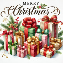 A beautifully arranged collection of Christmas gifts adorned with festive ribbons, perfect for holiday celebrations and seasonal decor.