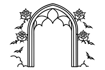 Ornate Gothic Archway with Roses and Bats vector illustration