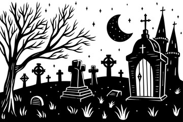 Obraz premium Graveyard Scene with Floating Nighttime Candles vector illustration