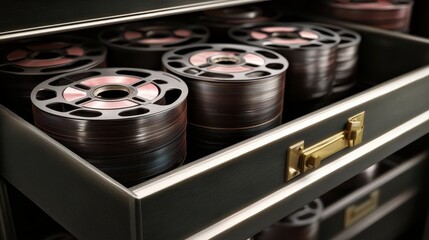 Vintage Film Reels Stored in a Wooden Drawer with Elegant Details