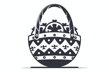 Black ornate wicker basket features geometrical patterns and decorative trim on a white backdrop