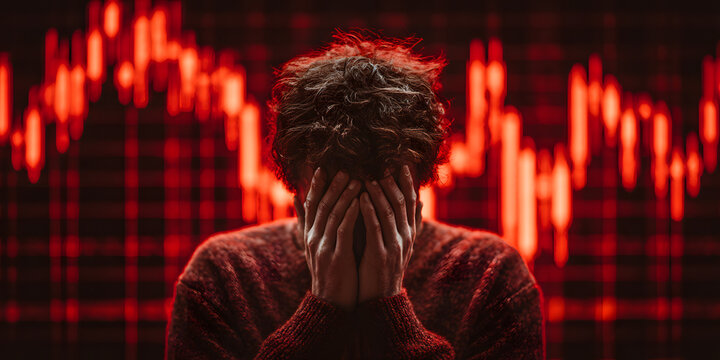 Economic Downturn: A man embodies the overwhelming feeling of financial downturn amidst a backdrop of a falling stock market graph.
