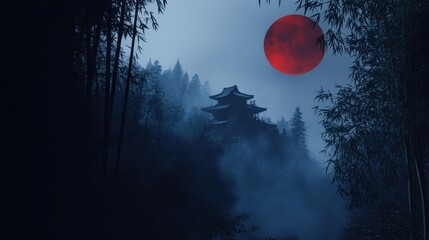Misty, crimson moon illuminates ancient Japanese temple.