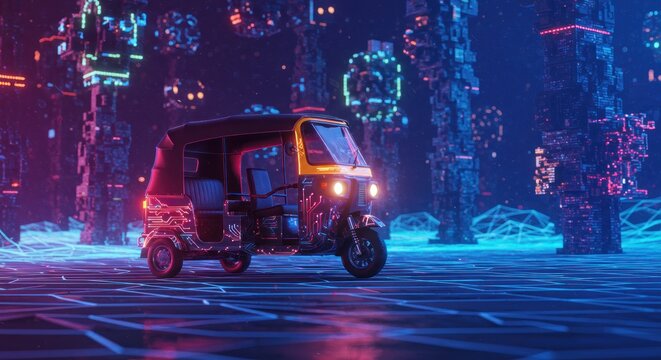 Futuristic auto-rickshaw in neon-lit city