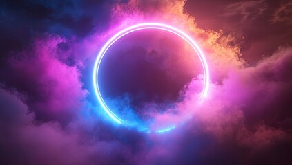 Neon Glowing Circle Among Illuminated Clouds – 3D Render
