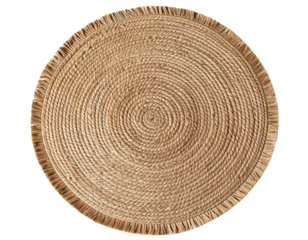 Jute round rug with fringe, natural fiber floor covering for rustic or bohemian interiors