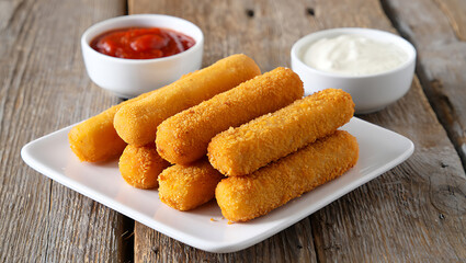 A delicious appetizer of golden-fried mozzarella sticks served on a white plate with marinara and creamy white dipping sauces on a rustic wood background.
