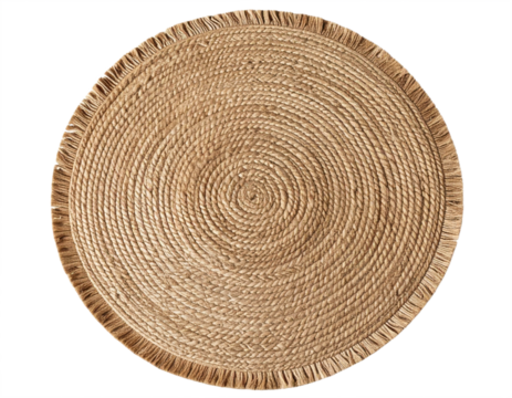 Jute round rug with fringe, natural fiber floor covering for rustic or bohemian interiors