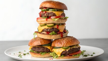Stack of four gourmet burgers – layered from top to bottom
