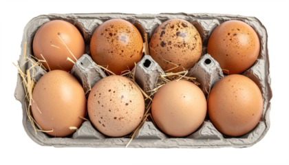 Eight speckled and brown eggs nestled in a cardboard carton with bits of hay for a natural look