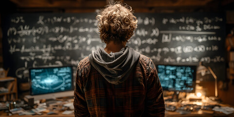 Focused on the Future: A contemplative figure stands before a chalkboard, intricate equations and data points symbolizing the boundless possibilities of innovation and progress.
