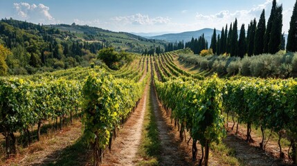 Fototapeta premium Rows of Grape Vines in a Vineyard with Hills and Sky