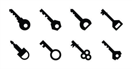 Collection of Vintage and Modern Key Icons – Security, Access, and Lock Symbols in Solid Black Style