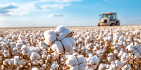 Cotton field under the bright sky. White fluffy cotton bolls are ready for harvest. Agricultural tractor blurred in the background. Farm scenery.