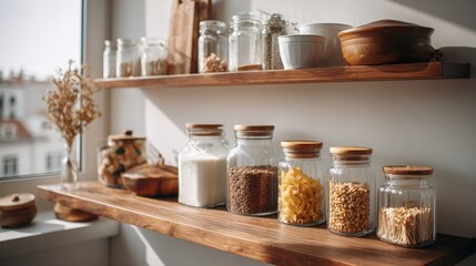 Shelves with Food Storage Jars and Wooden Bowls