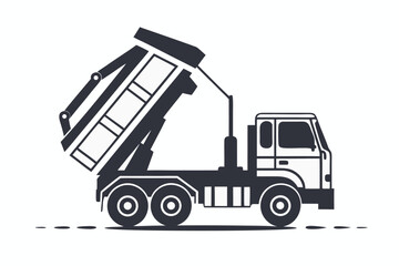 Dump truck silhouette in black and white is shown with raised truck bed