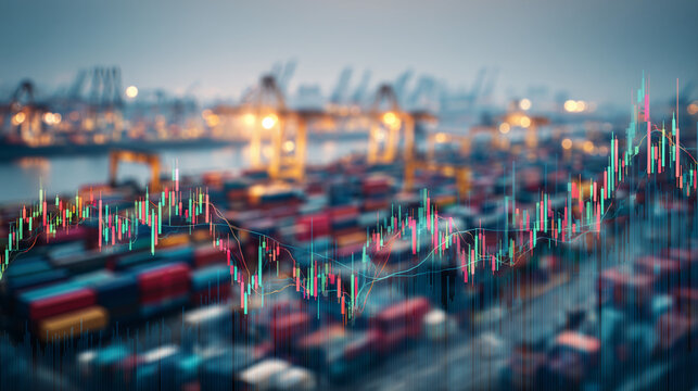 Financial data chart overlaying cargo containers at a port. Represents global trade, logistics, market trends, and economic growth in the shipping and supply chain industry.
