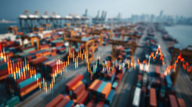 Financial data chart overlaying cargo containers at a port. Represents global trade, logistics, market trends, and economic growth in the shipping and supply chain industry.
