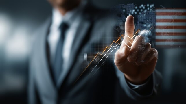 A focused businessperson engages with an interactive digital interface showcasing economic trends and growth. The scene exudes confidence, expertise, and a commitment to data-driven strategies.