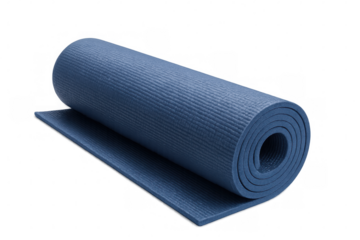 Blue yoga mat rolled up, highlighting wellness journey, supporting flexible fitness practice and mindful exercise routine