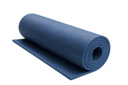 Blue yoga mat rolled up, highlighting wellness journey, supporting flexible fitness practice and mindful exercise routine