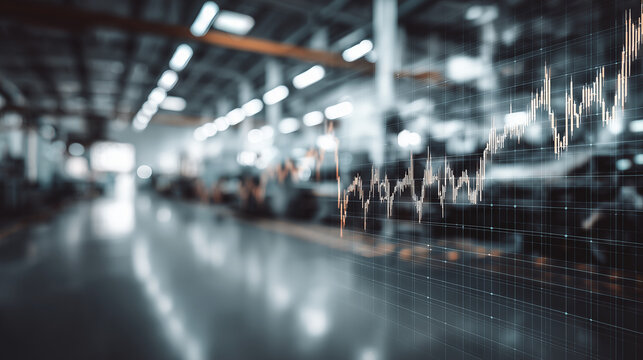 Financial data chart overlaying a modern factory interior. Symbolizes industrial growth, economic performance, business analytics, and manufacturing sector trends in a high-tech environment.