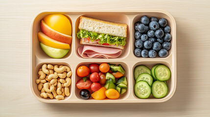 Healthy school lunch box with fruits, vegetables, sandwich, nuts on wooden table. Kids lunchbox top view