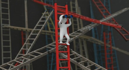 Figure looking through binoculars on ladder