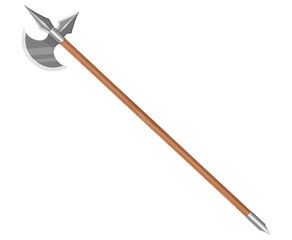 Viking Battle Axe with long handle. Medieval axe isolated on white background. Illustration of a fantasy of weapon. Fighting axe of the Viking. Warrior poleaxe. Vector realistic flat design