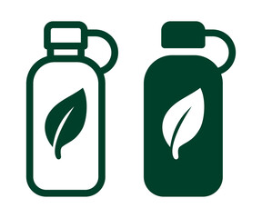 Vector eco water bottle icons with green leaf symbol.