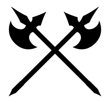 Crossed Medieval axes vector icon. Black silhouette battle axe isolated on white background. Fighting axe of the Viking. Flat design.