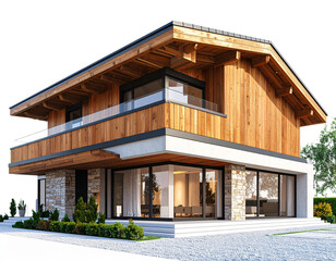Fototapeta premium Minimalist Modern Villa with Asymmetrical Design and Wood Accents, Angled 3D View Isolated on Transparent Background PNG