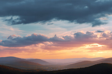 colorful dramatic sky with cloud at sunset. forest in the mountains