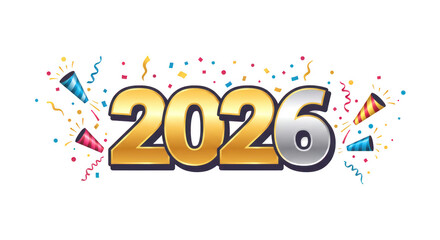Photo of celebrate the new year 2026 with golden and silver numbers, confetti isolated on transparent background