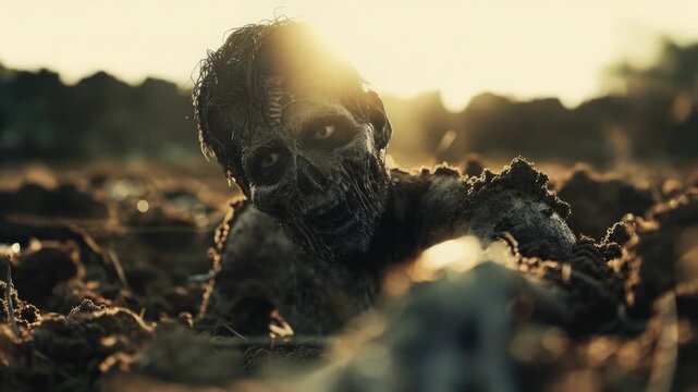 A lone zombie walking through a field of dirt, great for horror or post-apocalyptic scenes