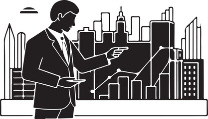 City businesswoman silhouette working on laptop and tablet computer, an illustration concept