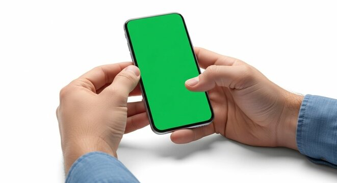 Person holding smartphone with green screen mockup on white background, phone in hands