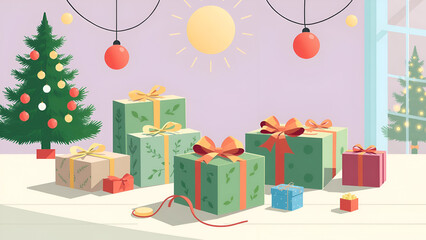 Christmas Dancing with Modern flat lay Christmas gifts in eco wrapping, vector illustration, morning sun, pastel background (dynamic)
