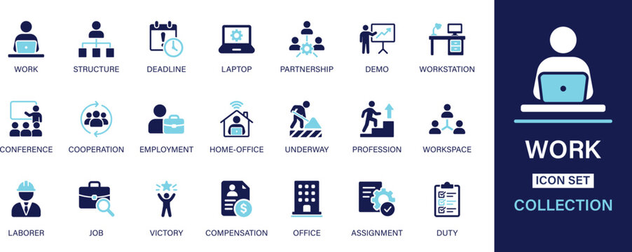 Work icon set collection. Structure, deadline, laptop, partnership, demo, workstation, conference, cooperation, employment, home office. And solid icon set.