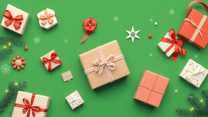 Christmas Dancing with Modern flat lay Christmas gifts in eco wrapping, vector illustration, overcast, green background (cheerful)