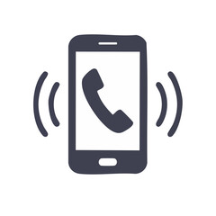 Ringing mobile device with phone handset, vibrating cell symbol against black background