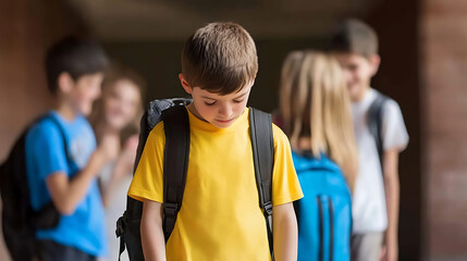 Sad schoolboy with backpack in hallway. He is being made fun of by his classmates. Feeling lonely or bullied at school. Focus is on the boy.