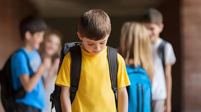 Sad schoolboy with backpack in hallway. He is being made fun of by his classmates. Feeling lonely or bullied at school. Focus is on the boy. - Powered by Adobe